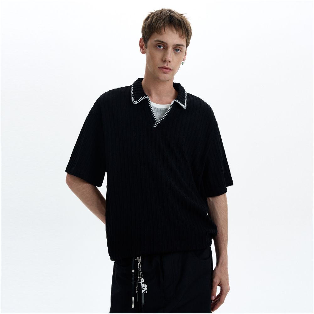 MADWITCH American retro wheat grain knit short sleeved T shirt for men and women loose and casual high intelligence and dressing style image 5