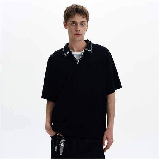 MADWITCH American retro wheat grain knit short sleeved T shirt for men and women loose and casual high intelligence and dressing style image 0