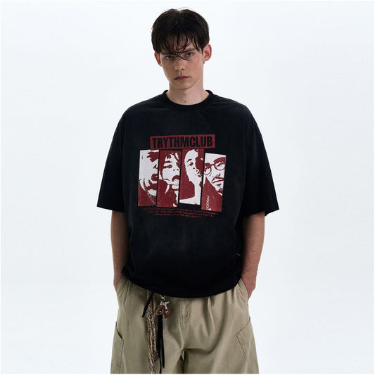 MADWITCH American style vintage washed figure printed T shirt for men and women loose and casual stylish design short sleeved trend image 0