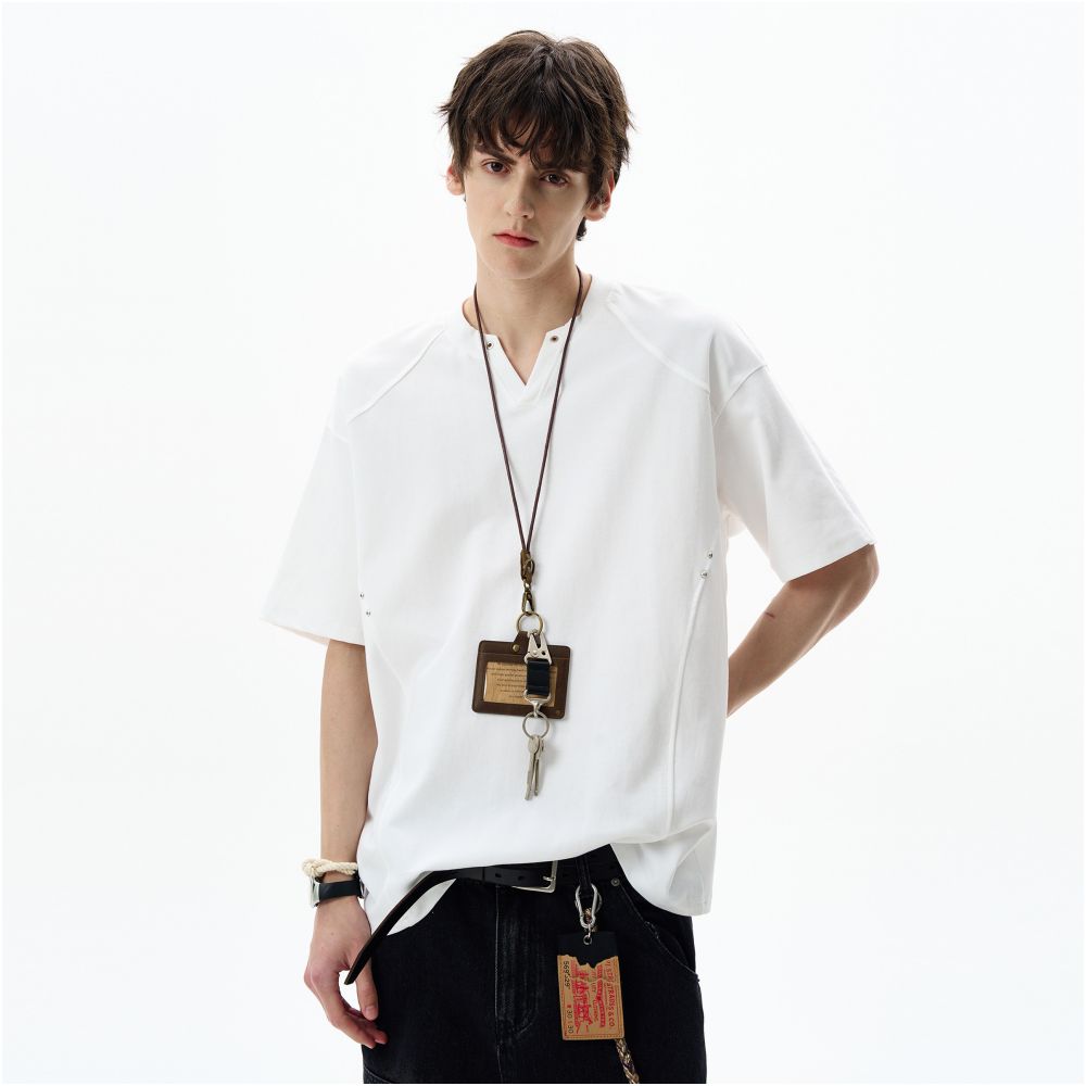 MADWITCH American retro deconstructive design sense V neck short sleeved T shirt for men and women loose casual summer trendy brand top image 3