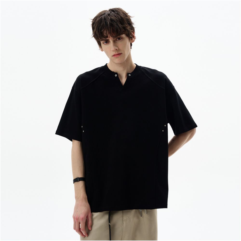 MADWITCH American retro deconstructive design sense V neck short sleeved T shirt for men and women loose casual summer trendy brand top image 5