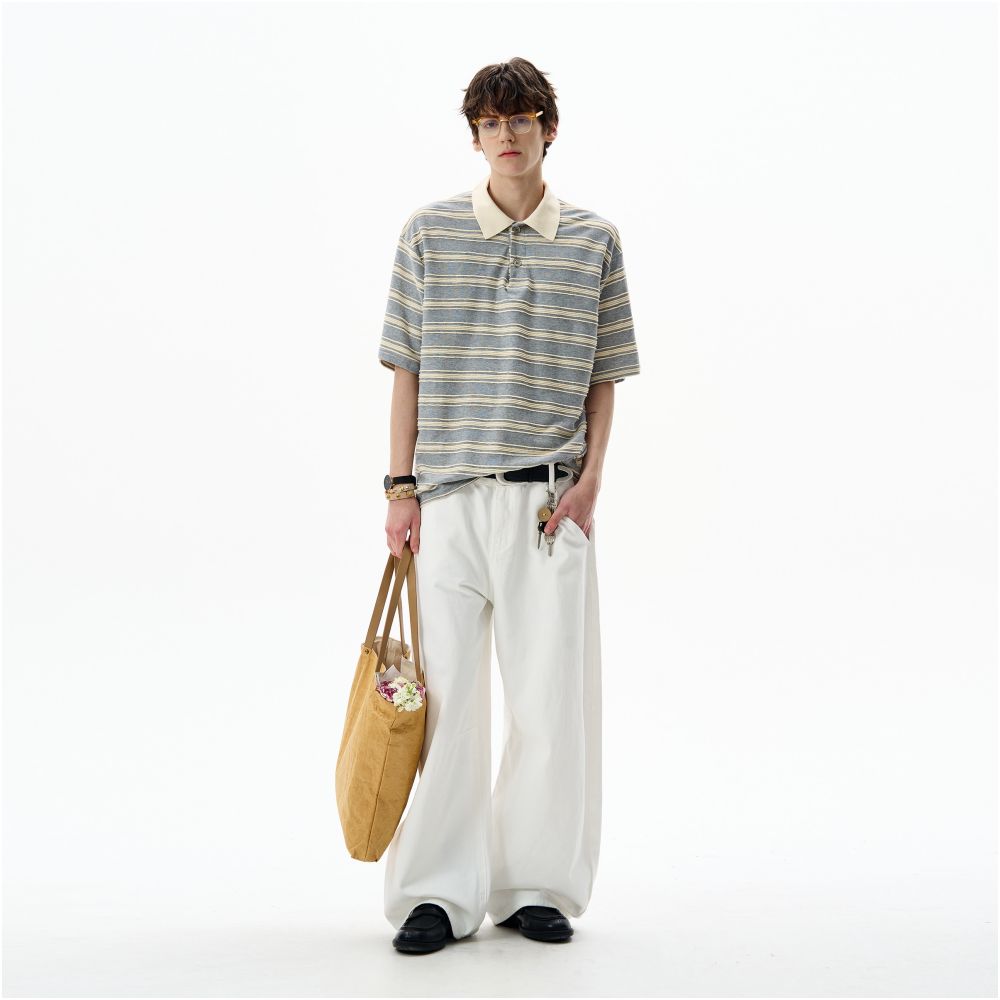 MADWITCH American contrasting striped polo shirt short sleeved men s and women s loose retro commuting casual top T shirt ins image 2