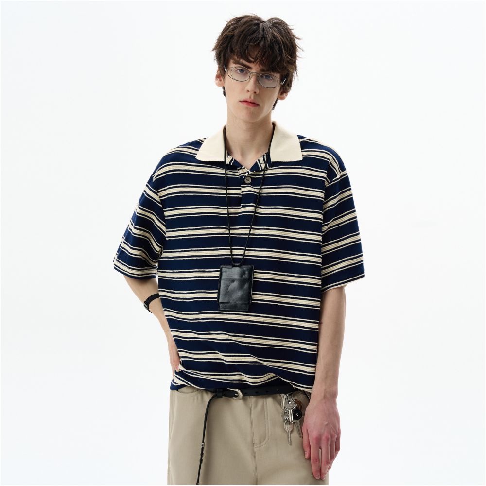 MADWITCH American contrasting striped polo shirt short sleeved men s and women s loose retro commuting casual top T shirt ins image 3