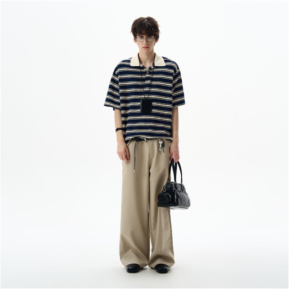 MADWITCH American contrasting striped polo shirt short sleeved men s and women s loose retro commuting casual top T shirt ins image 4