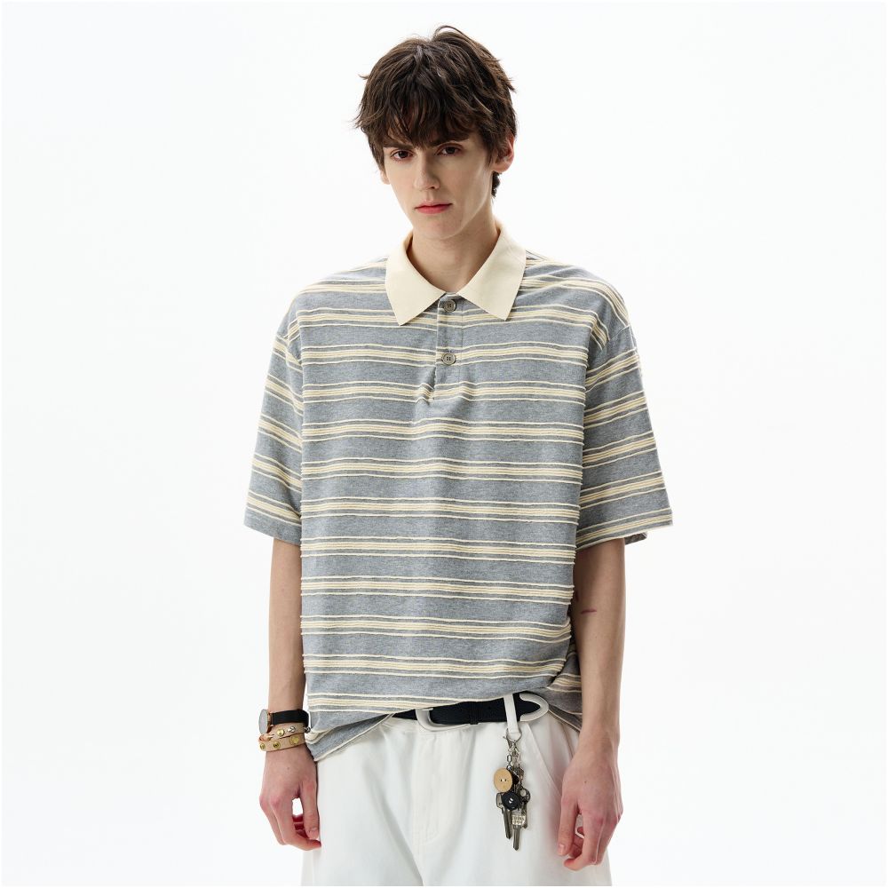 MADWITCH American contrasting striped polo shirt short sleeved men s and women s loose retro commuting casual top T shirt ins image 5