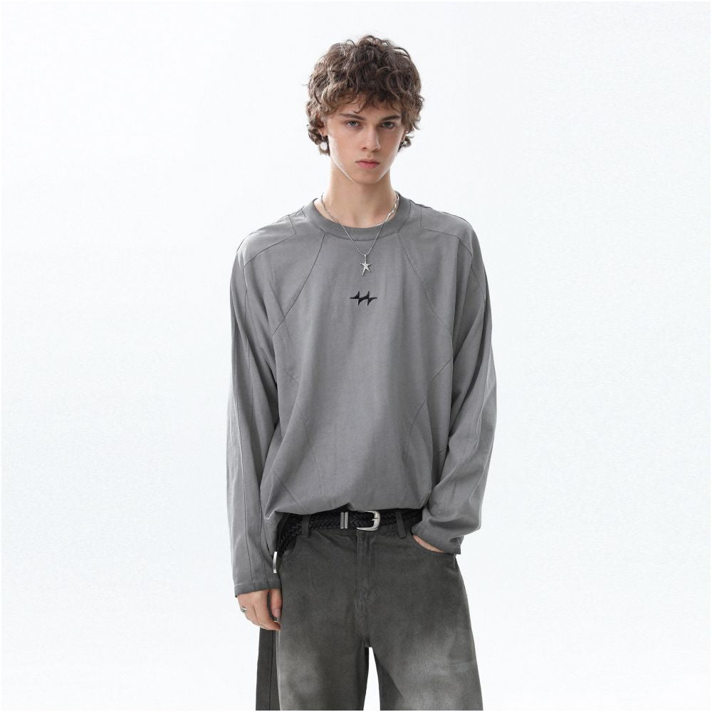 MRNEARLY American retro distressed washed embroidered design long sleeved T shirt 2025 autumn loose top image 1