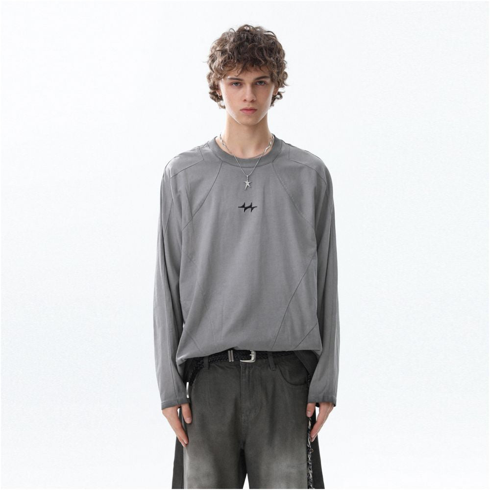 MRNEARLY American retro distressed washed embroidered design long sleeved T shirt 2025 autumn loose top image 4