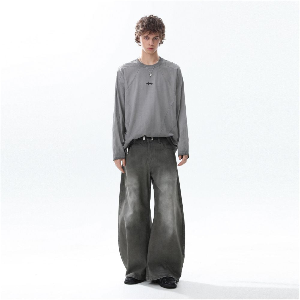 MRNEARLY American retro distressed washed embroidered design long sleeved T shirt 2025 autumn loose top image 5