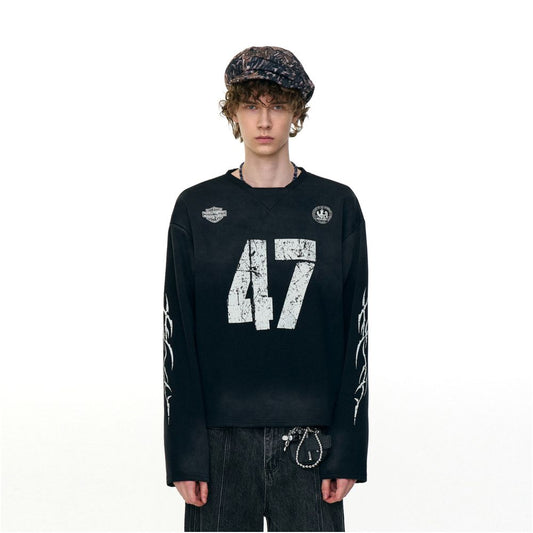 MRNEARLY American retro street vintage sports style long sleeved T shirt for men in autumn loose and cool top for couples image 0