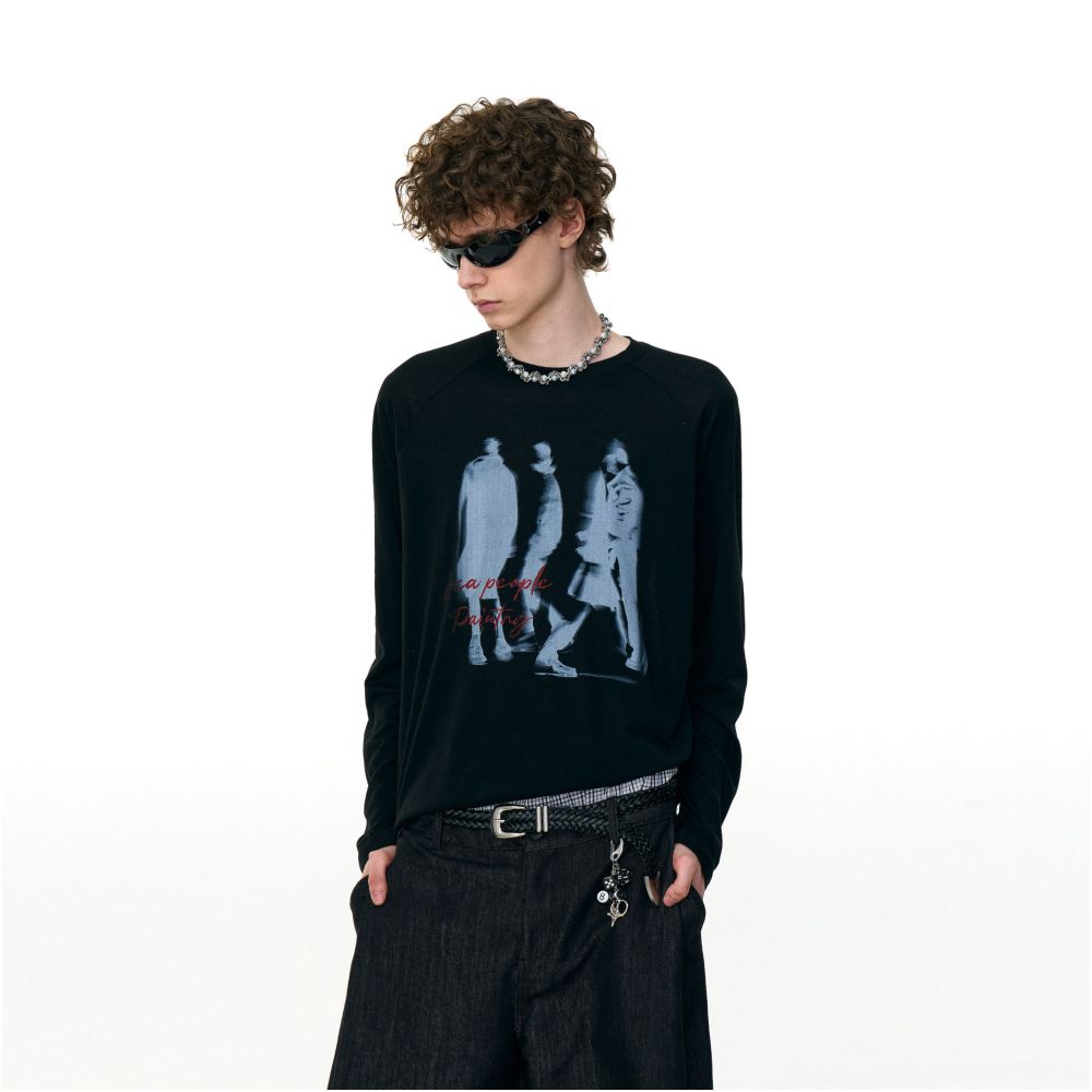 MRNEARLY American street phantom print raglan sleeves couple long sleeved T shirt men s autumn trendy brand loose top image 1