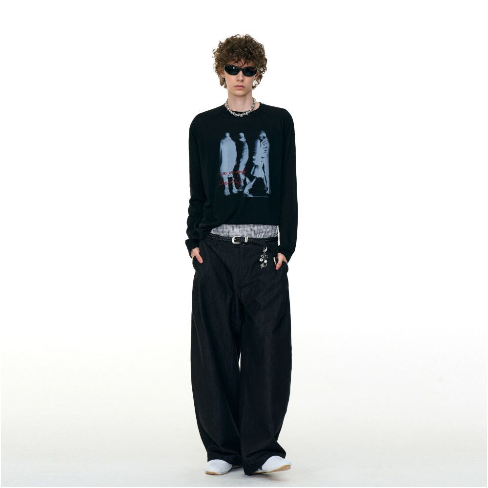 MRNEARLY American street phantom print raglan sleeves couple long sleeved T shirt men s autumn trendy brand loose top image 2