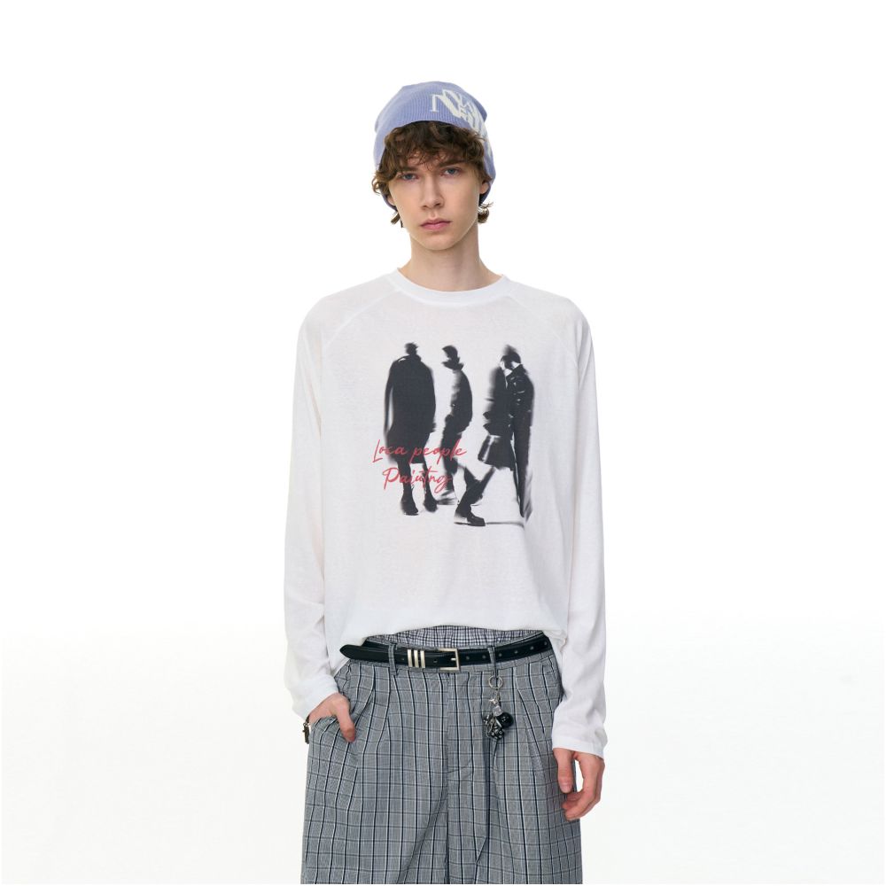 MRNEARLY American street phantom print raglan sleeves couple long sleeved T shirt men s autumn trendy brand loose top image 3