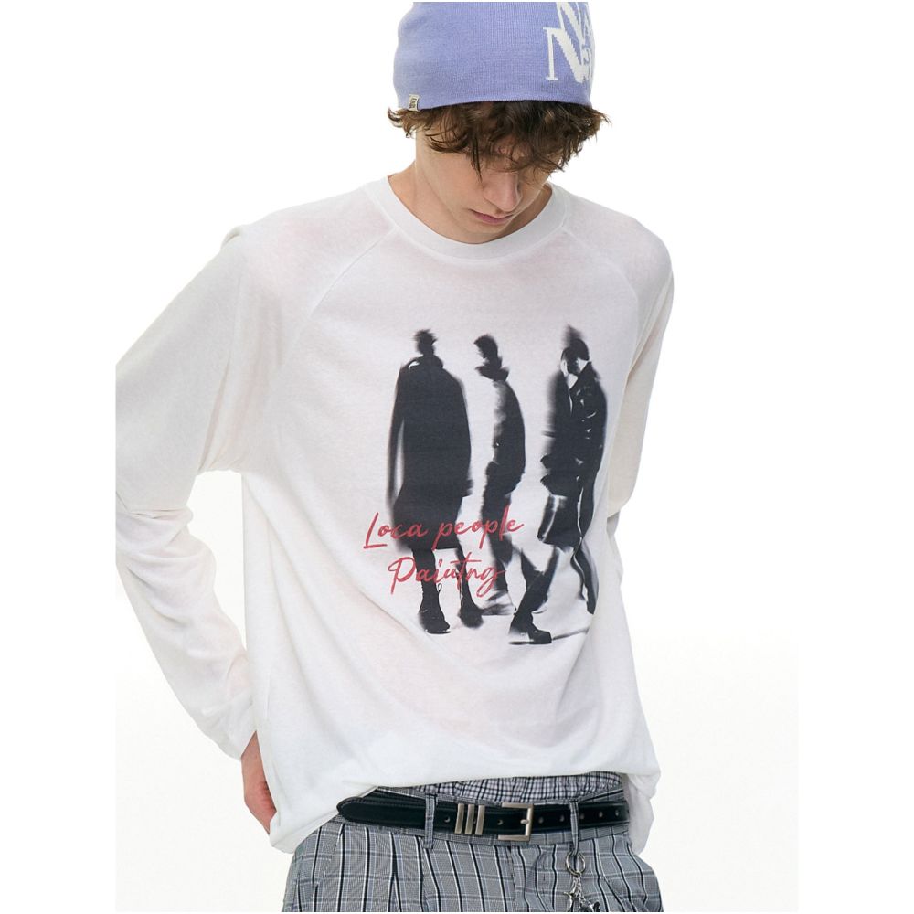 MRNEARLY American street phantom print raglan sleeves couple long sleeved T shirt men s autumn trendy brand loose top image 4