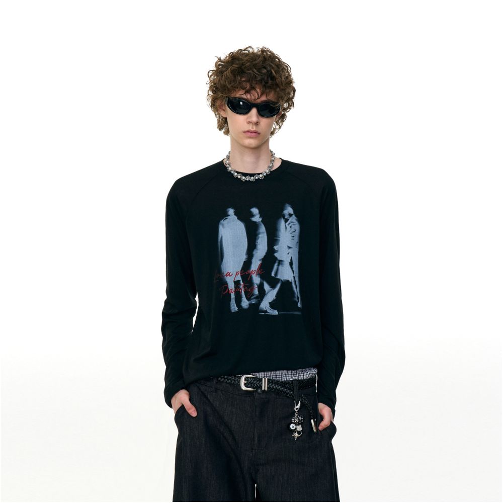 MRNEARLY American street phantom print raglan sleeves couple long sleeved T shirt men s autumn trendy brand loose top image 5