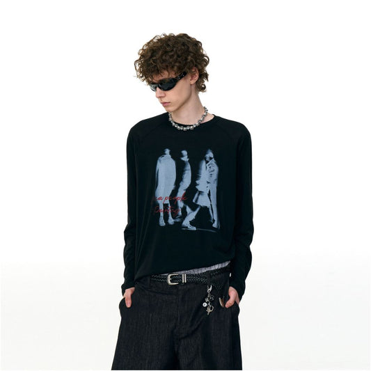 MRNEARLY American street phantom print raglan sleeves couple long sleeved T shirt men s autumn trendy brand loose top image 0