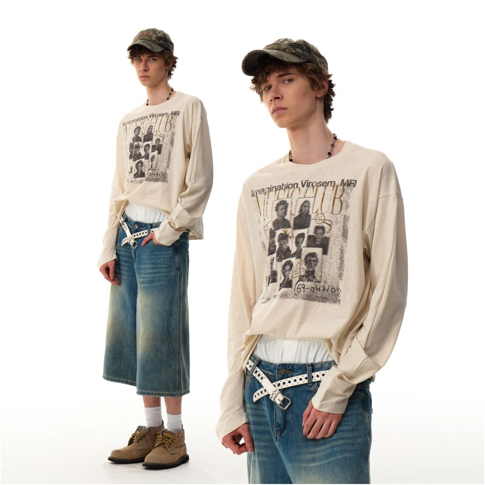 MRNEARLY American Retro Street Couple s Long Sleeve T shirt Men s Autumn Lightweight Loose Top Sunscreen Hoodie image 2