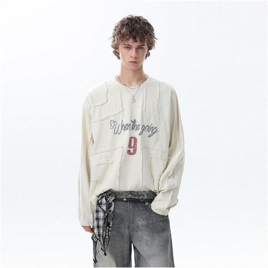 MRNEARLY American retro deconstruction splicing digital print long sleeved T shirt for men s autumn loose casual top image 1