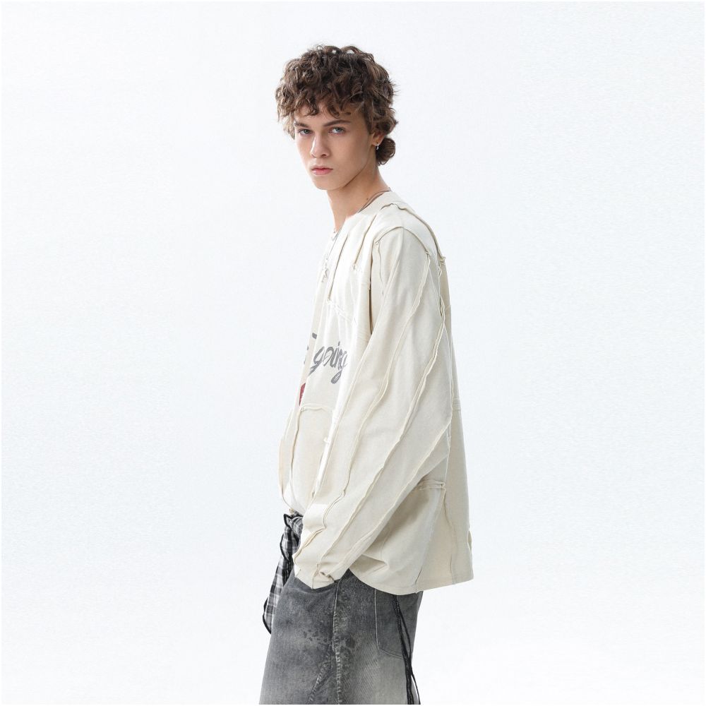 MRNEARLY American retro deconstruction splicing digital print long sleeved T shirt for men s autumn loose casual top image 2