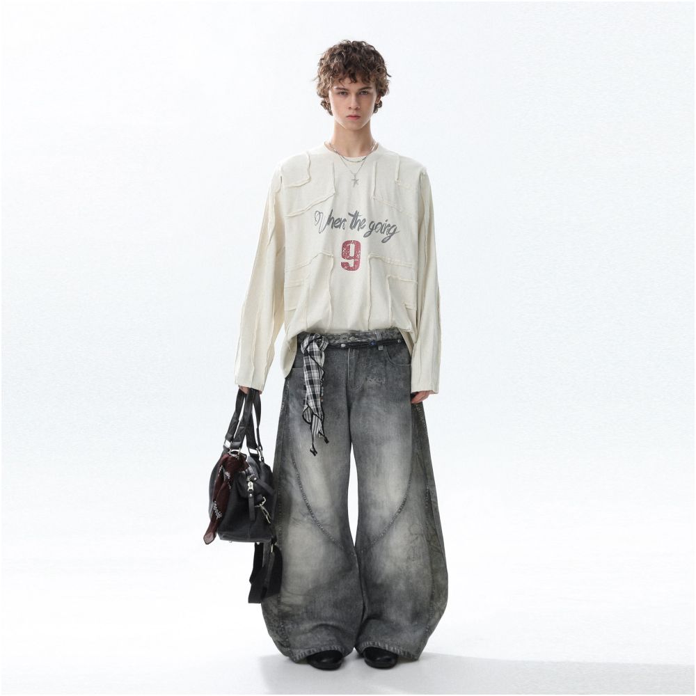 MRNEARLY American retro deconstruction splicing digital print long sleeved T shirt for men s autumn loose casual top image 4