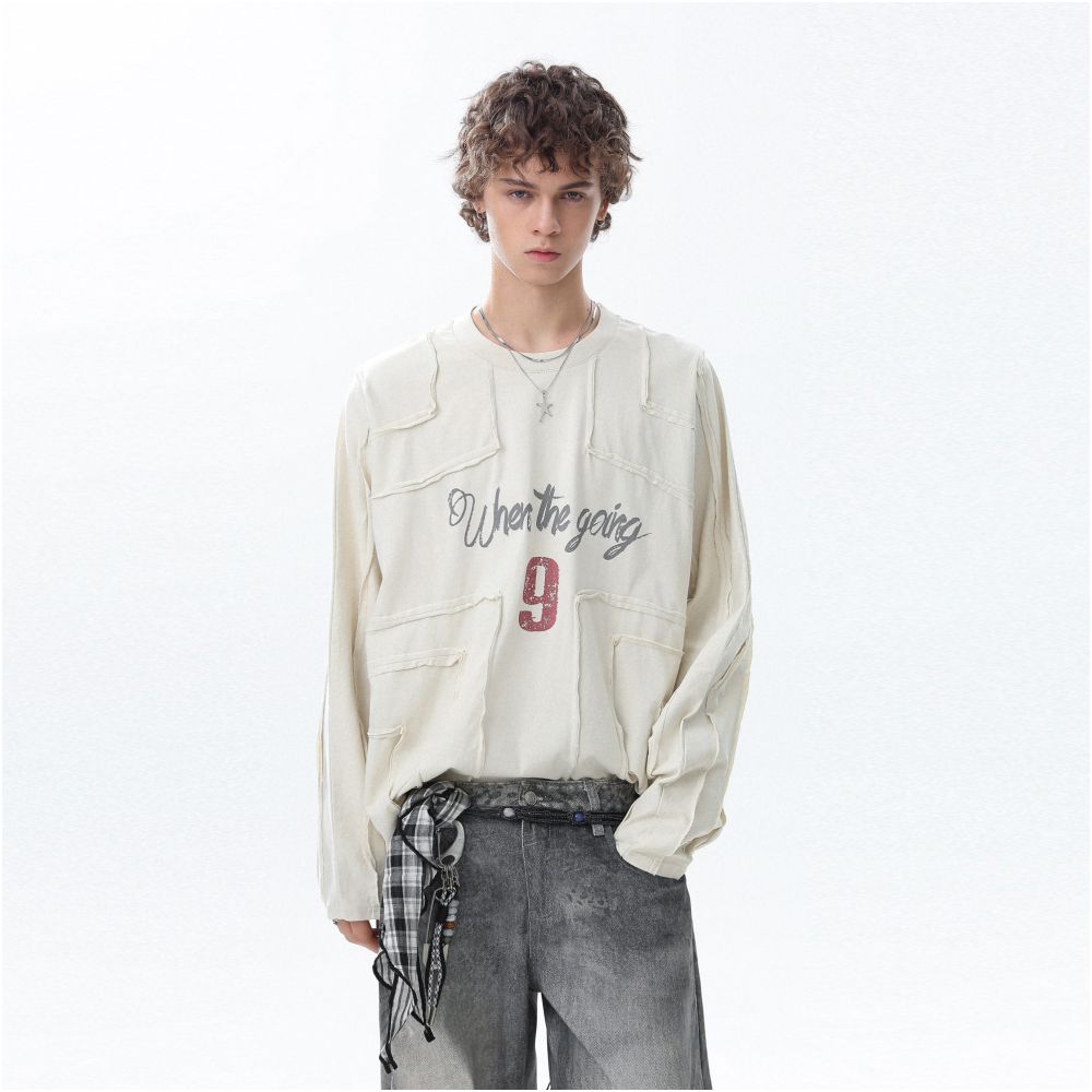 MRNEARLY American retro deconstruction splicing digital print long sleeved T shirt for men s autumn loose casual top image 0