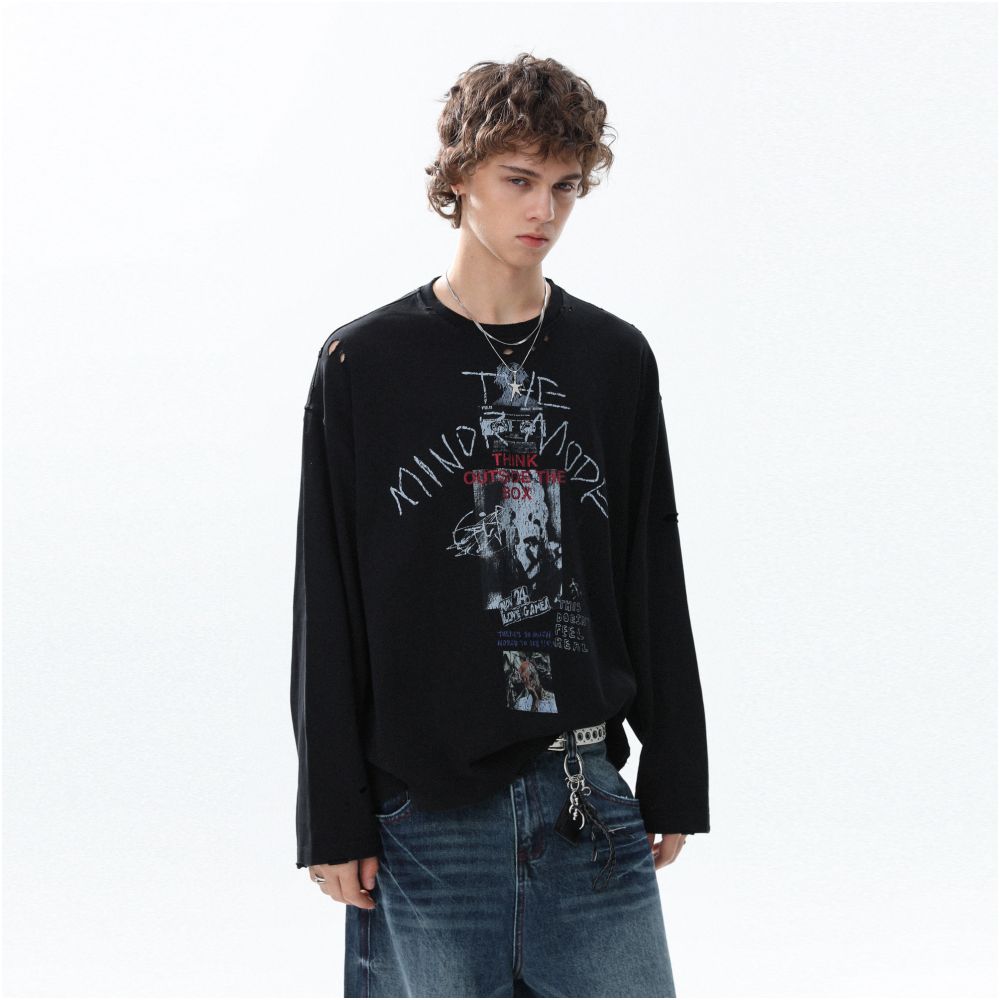 MRNEARLY American retro creative fun printed long sleeved T shirt 2025 autumn loose and versatile couple top image 1