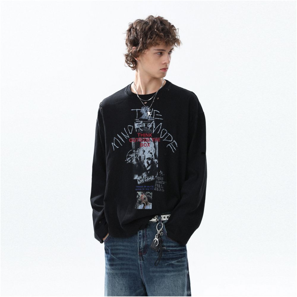 MRNEARLY American retro creative fun printed long sleeved T shirt 2025 autumn loose and versatile couple top image 2