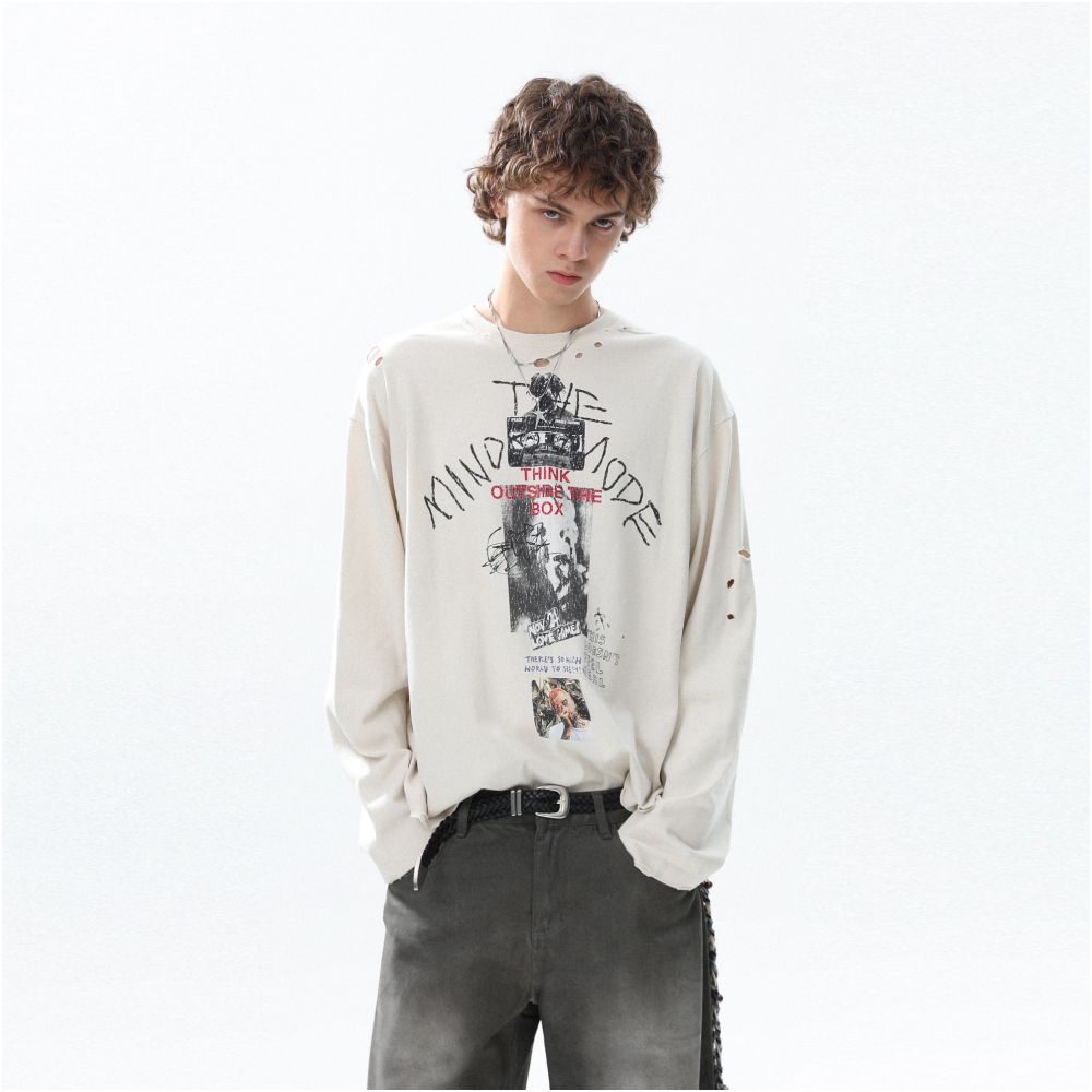 MRNEARLY American retro creative fun printed long sleeved T shirt 2025 autumn loose and versatile couple top image 3