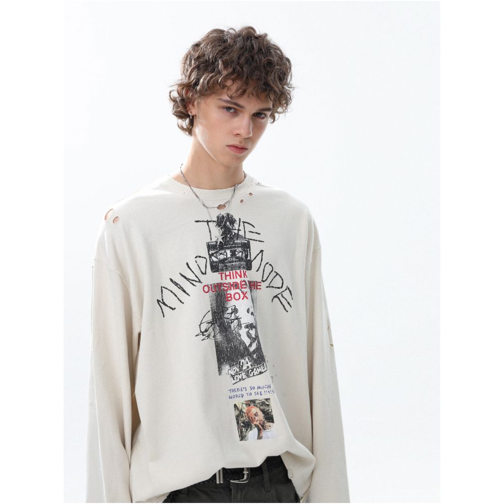 MRNEARLY American retro creative fun printed long sleeved T shirt 2025 autumn loose and versatile couple top image 4