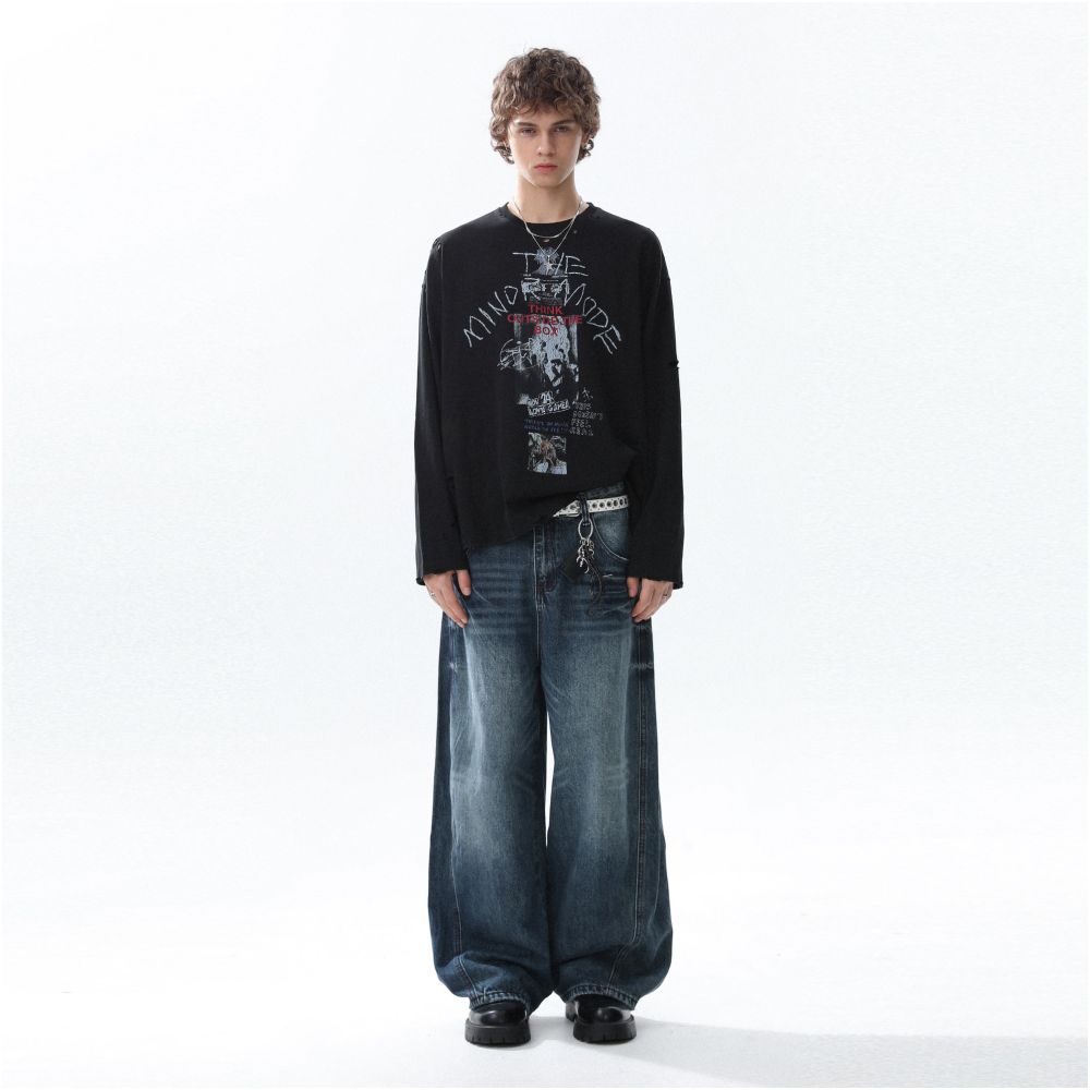 MRNEARLY American retro creative fun printed long sleeved T shirt 2025 autumn loose and versatile couple top image 5