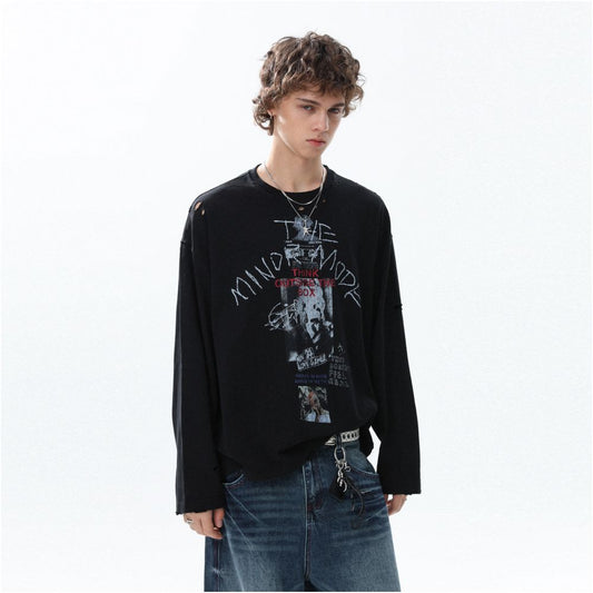 MRNEARLY American retro creative fun printed long sleeved T shirt 2025 autumn loose and versatile couple top image 0