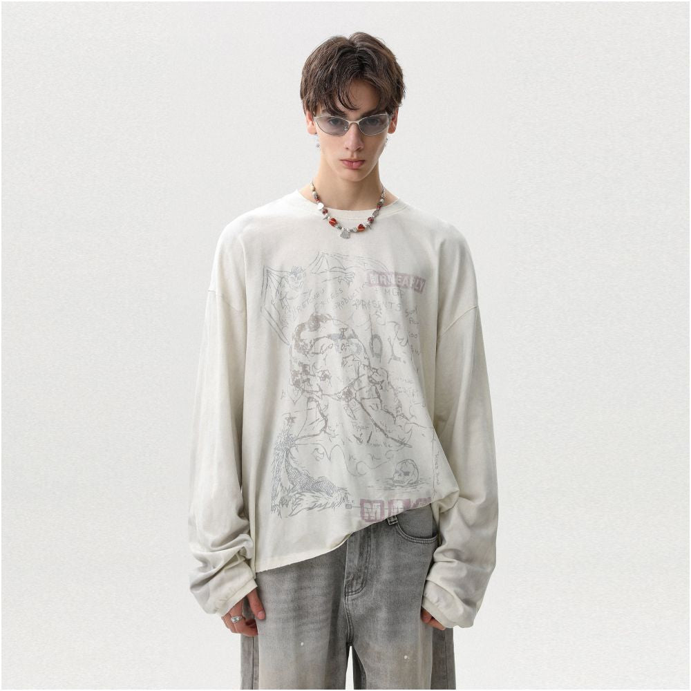 MRNEARLY American retro dirty dyed pure cotton autumn long sleeved T shirt men s and women s trendy brand loose high street hooligan handsome top image 1