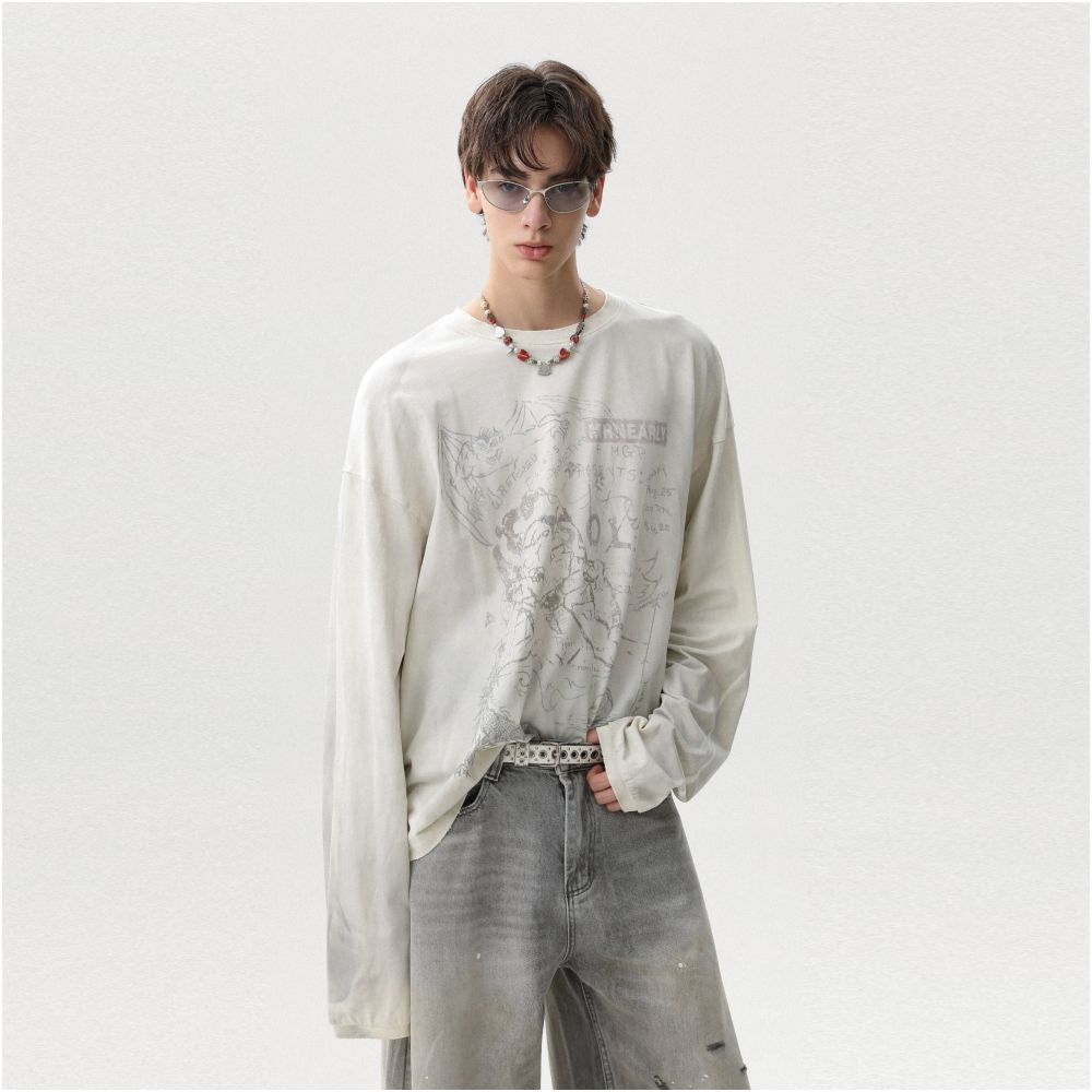 MRNEARLY American retro dirty dyed pure cotton autumn long sleeved T shirt men s and women s trendy brand loose high street hooligan handsome top image 2