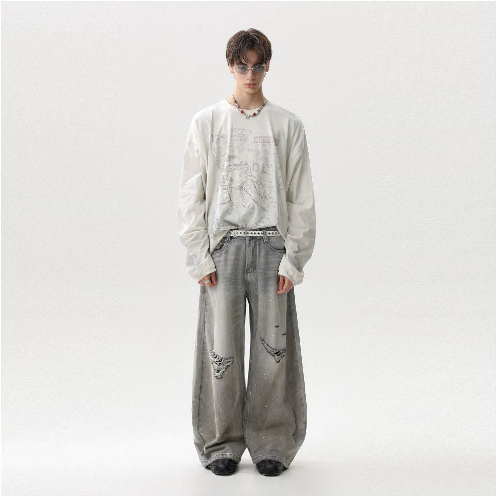 MRNEARLY American retro dirty dyed pure cotton autumn long sleeved T shirt men s and women s trendy brand loose high street hooligan handsome top image 5