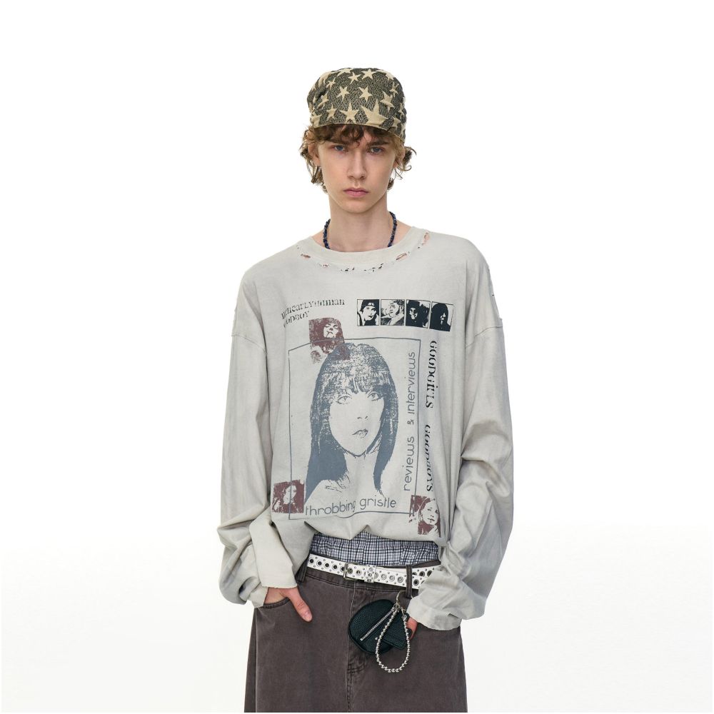 MRNEARLY American retro distressed figure print long sleeved T shirt men s trendy brand loose casual top image 1