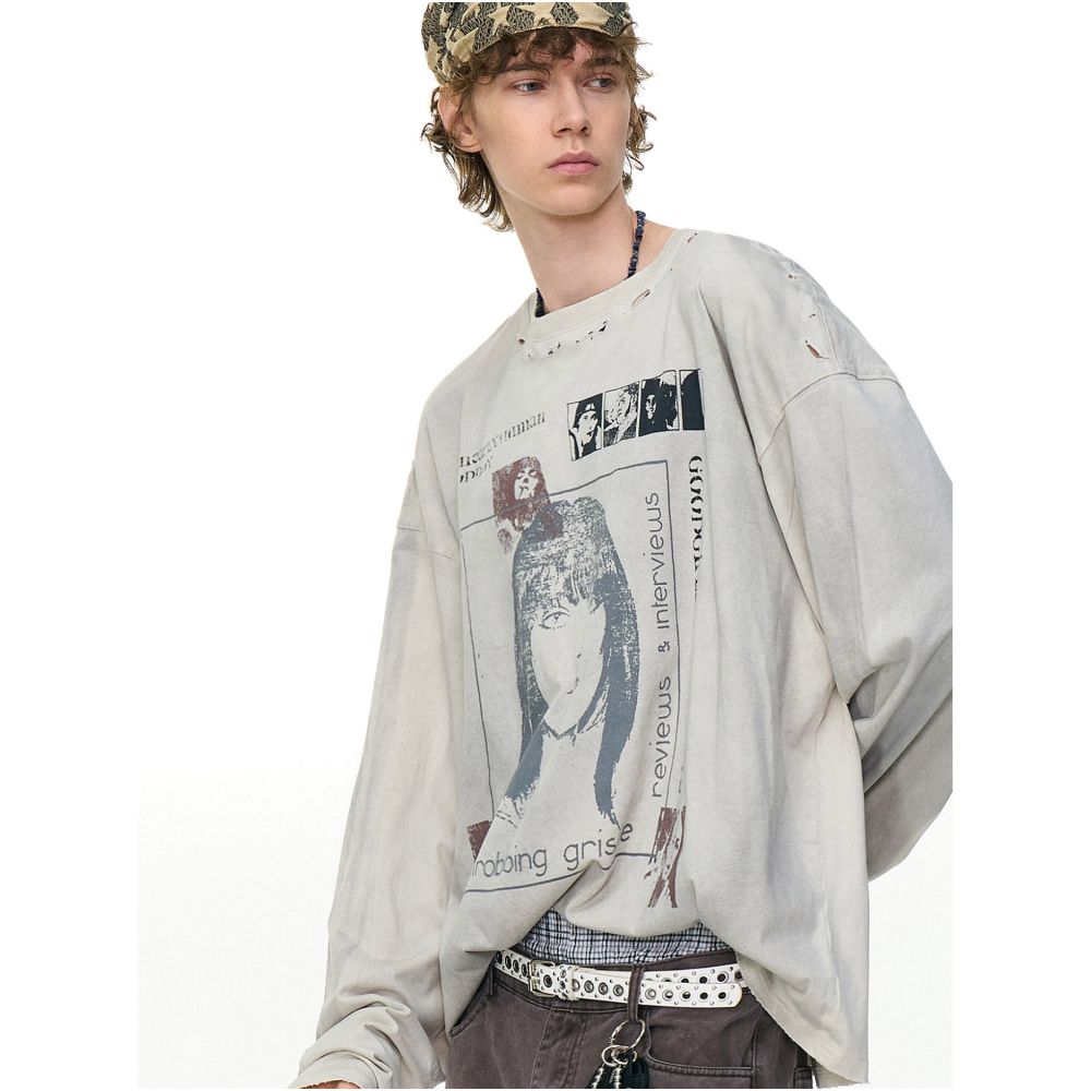 MRNEARLY American retro distressed figure print long sleeved T shirt men s trendy brand loose casual top image 3