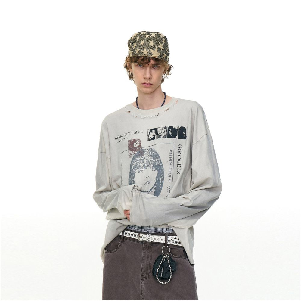 MRNEARLY American retro distressed figure print long sleeved T shirt men s trendy brand loose casual top image 4