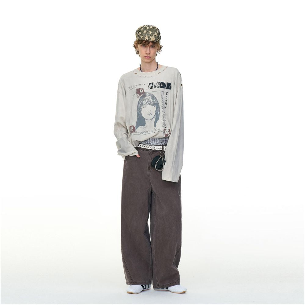 MRNEARLY American retro distressed figure print long sleeved T shirt men s trendy brand loose casual top image 5