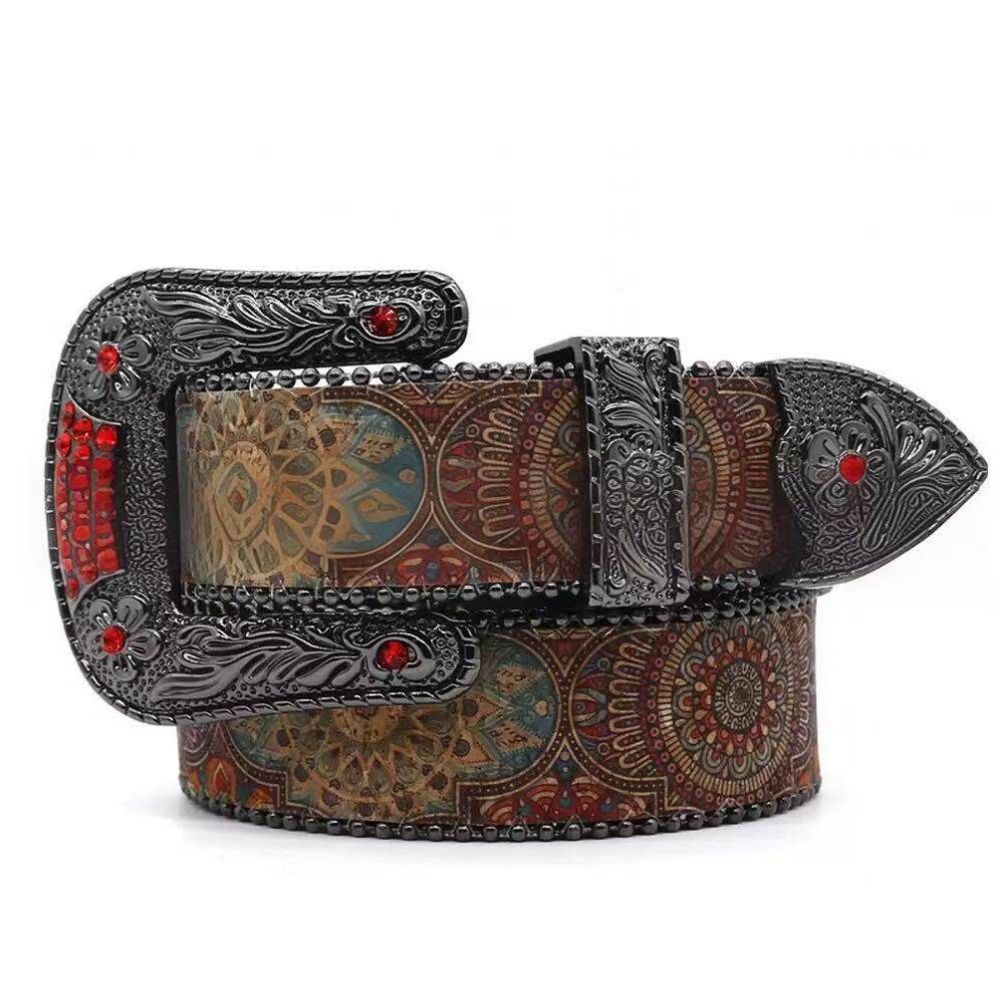 Bohemian retro tribal style unique ethnic pattern print rhinestone metal buckle trendy leather belt image 1