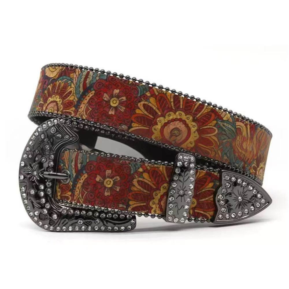Bohemian Tribal Print Rhinestone Leather Belt